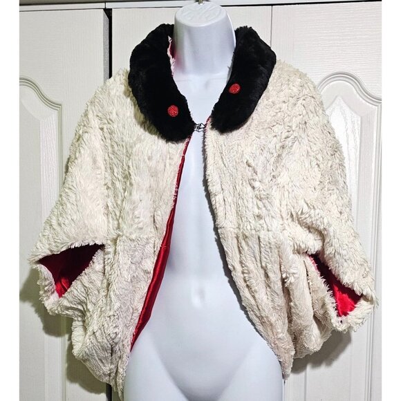 Faux Fur Cape Jacket Coat Vintage Lala Original White Black Red Recycled Cruella - Picture 2 of 8